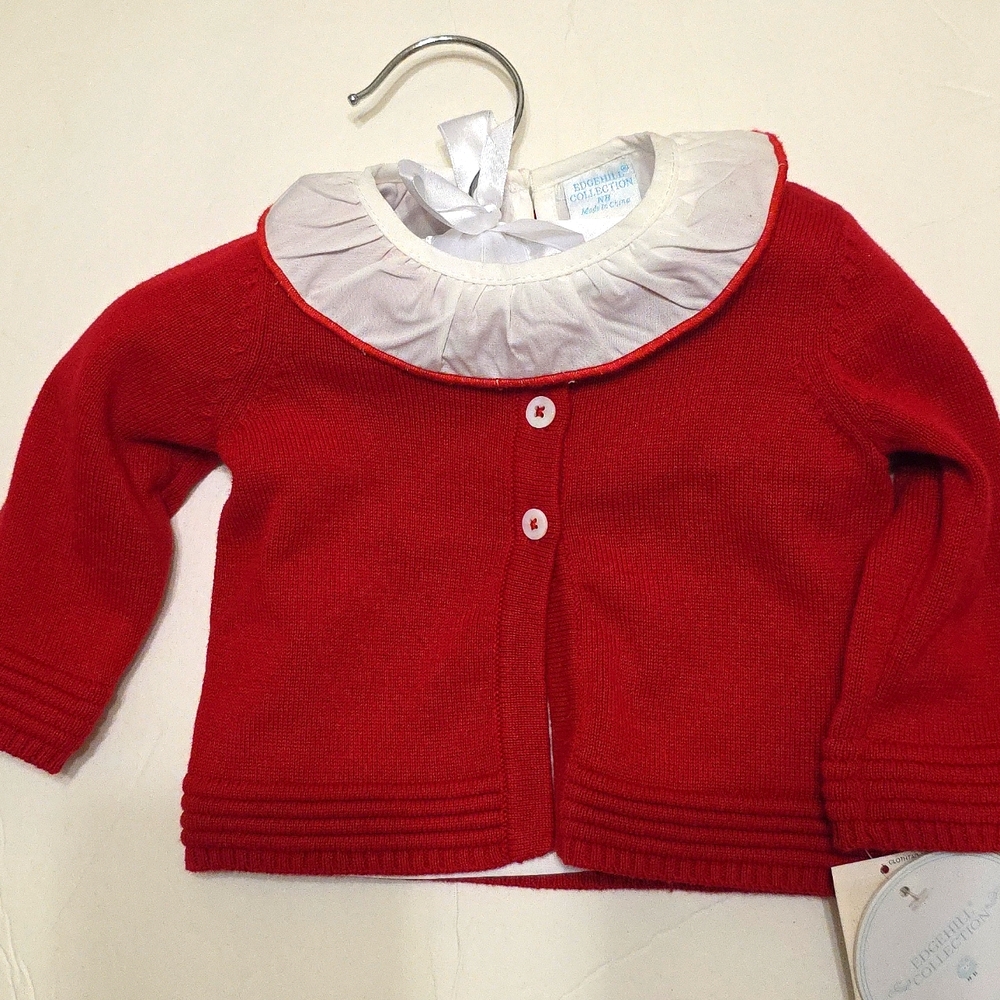 Edgehill Collection Red Cardigan Sweater White shirt set Size NB